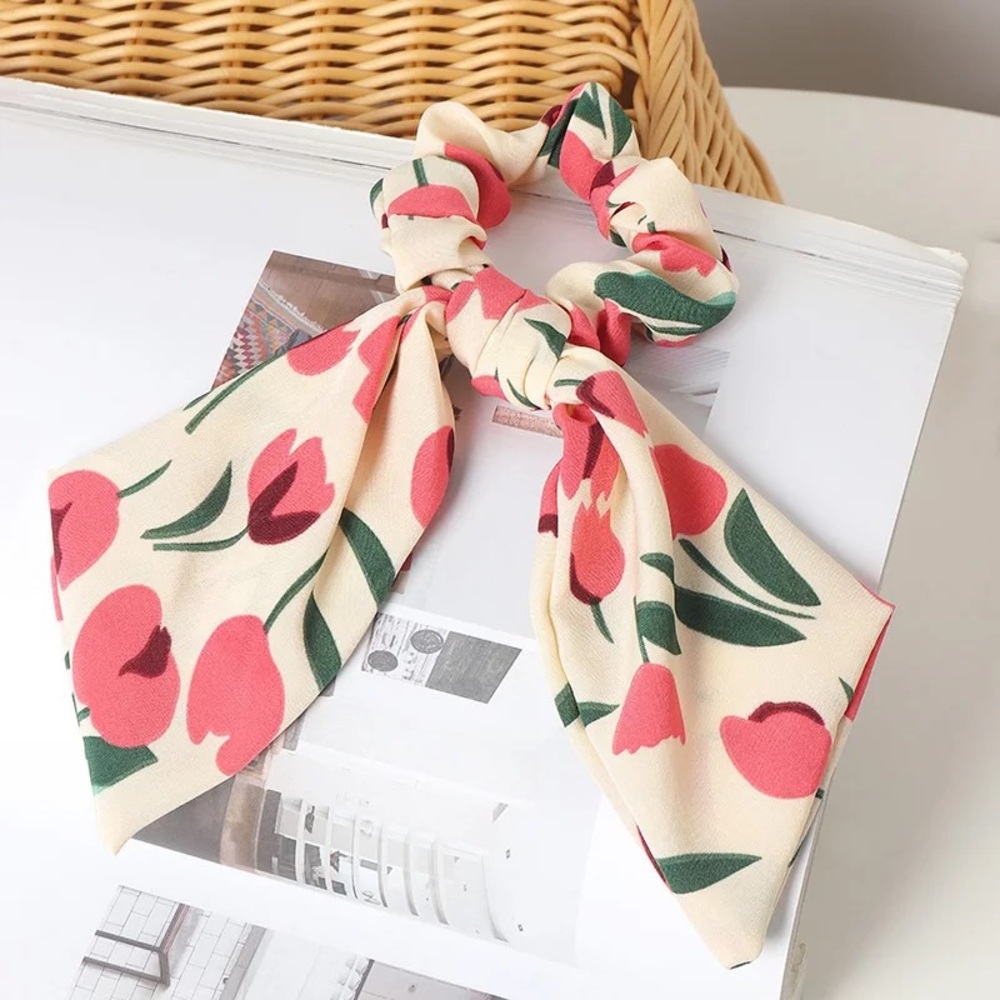 Floral Scarf Hair Scrunchies - Pink Tulips
